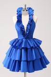 Royal Blue A-Line Halter Tiered Vestido Curto Homecoming com Folhos