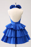 Royal Blue A-Line Halter Tiered Vestido Curto Homecoming com Folhos