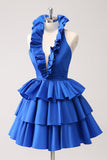 Royal Blue A-Line Halter Tiered Vestido Curto Homecoming com Folhos