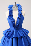 Royal Blue A-Line Halter Tiered Vestido Curto Homecoming com Folhos