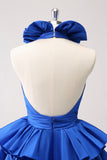 Royal Blue A-Line Halter Tiered Vestido Curto Homecoming com Folhos