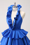 Royal Blue A-Line Halter Tiered Vestido Curto Homecoming com Folhos