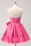 Fuchsia A-Line Strapless Ruffle Vestido Curto Homecoming com Arco