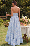 Vestido floral azul A-Line Sem alças alto e baixo