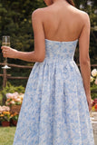 Vestido floral azul A-Line Sem alças alto e baixo