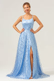 Azul Brilhante Uma Linha Esparguete Correias Sequins Renda Up Back Prom Dress com Fenda