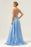 Azul Brilhante Uma Linha Esparguete Correias Sequins Renda Up Back Prom Dress com Fenda