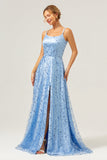 Azul Brilhante Uma Linha Esparguete Correias Sequins Renda Up Back Prom Dress com Fenda