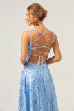 Azul Brilhante Uma Linha Esparguete Correias Sequins Renda Up Back Prom Dress com Fenda