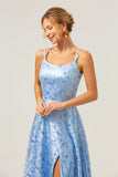 Azul Brilhante Uma Linha Esparguete Correias Sequins Renda Up Back Prom Dress com Fenda