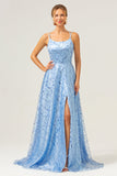 Azul Brilhante Uma Linha Esparguete Correias Sequins Renda Up Back Prom Dress com Fenda