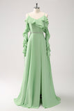 Verde Claro Ombro Frio A-Line Chiffon Vestido Longo Madrinha com Folhos