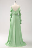 Verde Claro Ombro Frio A-Line Chiffon Vestido Longo Madrinha com Folhos