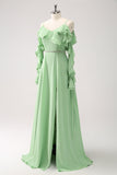 Verde Claro Ombro Frio A-Line Chiffon Vestido Longo Madrinha com Folhos