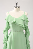 Verde Claro Ombro Frio A-Line Chiffon Vestido Longo Madrinha com Folhos