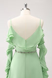 Verde Claro Ombro Frio A-Line Chiffon Vestido Longo Madrinha com Folhos