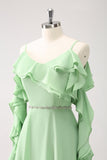 Verde Claro Ombro Frio A-Line Chiffon Vestido Longo Madrinha com Folhos