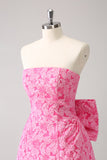 Fuchsia A Line Floral Strapless Vestido Curto Homecoming Com Arco