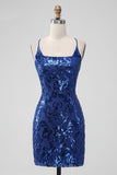 Royal Blue Bodycon Sequins Vestido Curto Homecoming com Renda-up Costas