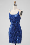 Royal Blue Bodycon Sequins Vestido Curto Homecoming com Renda-up Costas