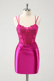 Fuchsia Bodycon Esparguete Correias Cetim Frisado Vestido Curto Homecoming