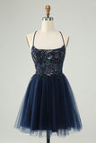 Glitter Navy A-Line Sequined Tulle Homecoming Vestido