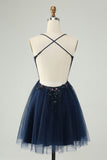 Glitter Navy A-Line Sequined Tulle Homecoming Vestido