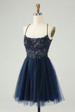 Glitter Navy A-Line Sequined Tulle Homecoming Vestido