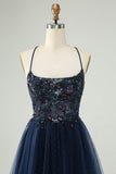 Glitter Navy A-Line Sequined Tulle Homecoming Vestido