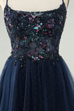 Glitter Navy A-Line Sequined Tulle Homecoming Vestido