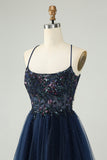 Glitter Navy A-Line Sequined Tulle Homecoming Vestido