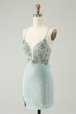 Glitter Dusty Green Tight Sequins V Pescoço Homecoming Dress