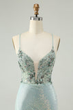 Glitter Dusty Green Tight Sequins V Pescoço Homecoming Dress
