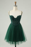 Glitter Verde Escuro A-Line Beaded Appliques Tule Homecoming Dress