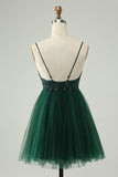 Glitter Verde Escuro A-Line Beaded Appliques Tule Homecoming Dress