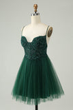 Glitter Verde Escuro A-Line Beaded Appliques Tule Homecoming Dress