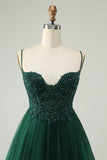 Glitter Verde Escuro A-Line Beaded Appliques Tule Homecoming Dress
