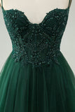 Glitter Verde Escuro A-Line Beaded Appliques Tule Homecoming Dress