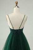 Glitter Verde Escuro A-Line Beaded Appliques Tule Homecoming Dress