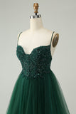 Glitter Verde Escuro A-Line Beaded Appliques Tule Homecoming Dress