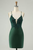 Glitter verde escuro apertado V pescoço frisado Homecoming Dress
