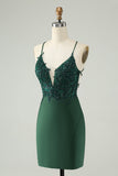 Glitter verde escuro apertado V pescoço frisado Homecoming Dress