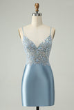 Glitter Dusty Blue frisado Floral Tight Satin Homecoming Dress