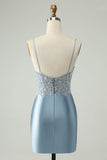 Glitter Dusty Blue frisado Floral Tight Satin Homecoming Dress