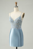 Glitter Dusty Blue frisado Floral Tight Satin Homecoming Dress