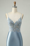 Glitter Dusty Blue frisado Floral Tight Satin Homecoming Dress