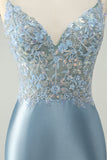 Glitter Dusty Blue frisado Floral Tight Satin Homecoming Dress