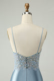 Glitter Dusty Blue frisado Floral Tight Satin Homecoming Dress