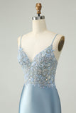 Glitter Dusty Blue frisado Floral Tight Satin Homecoming Dress