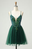 Glitter Verde Escuro A-Line Sequined Appliques V Pescoço Homecoming Dress